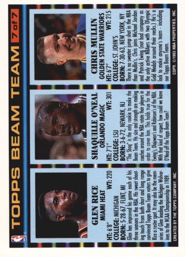 1992-93 Topps Beam Team #7 Chris Mullin/Shaquille O'Neal/Glen Rice back image