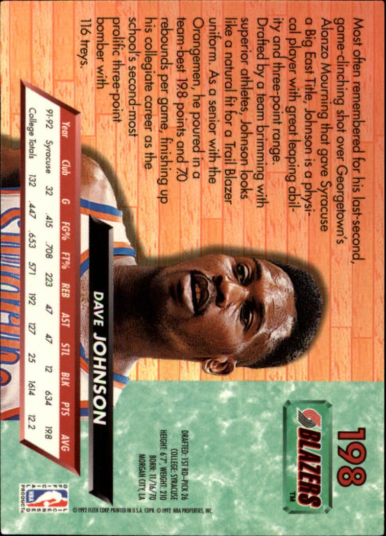 1992-93 Ultra #198 Dave Johnson RC back image
