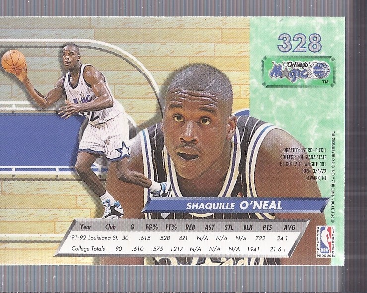 1992-93 Ultra #328 Shaquille O'Neal RC back image