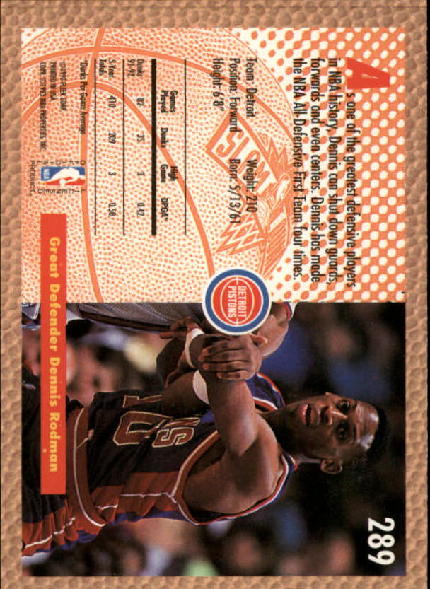 1992-93 Fleer #289 Dennis Rodman SD back image