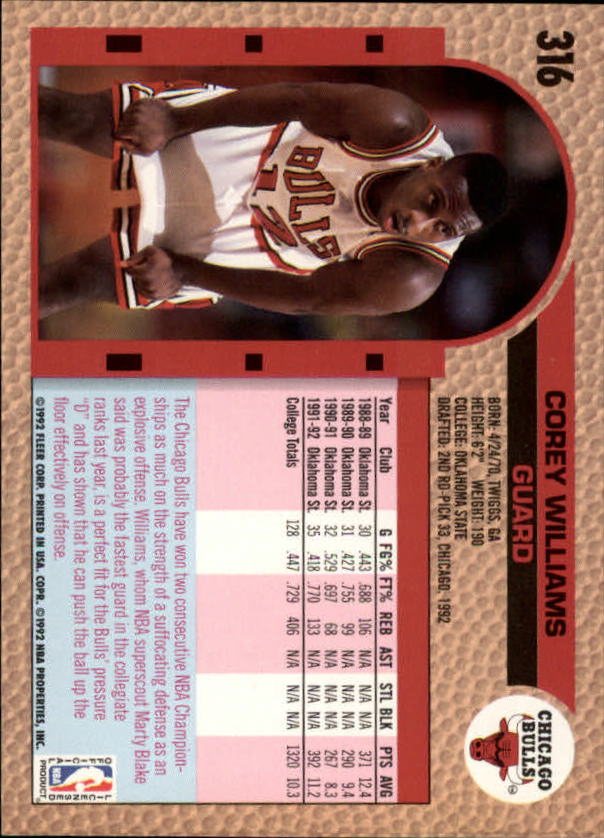 1992-93 Fleer #316 Corey Williams RC back image