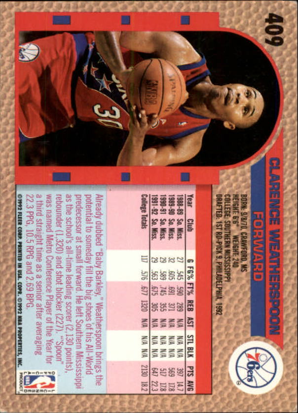 1992-93 Fleer #409 C.Weatherspoon RC back image