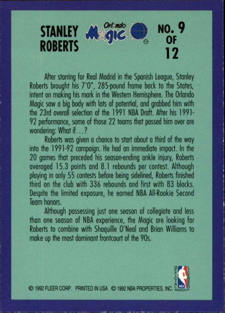 1992-93 Fleer Rookie Sensations #9 Stanley Roberts back image