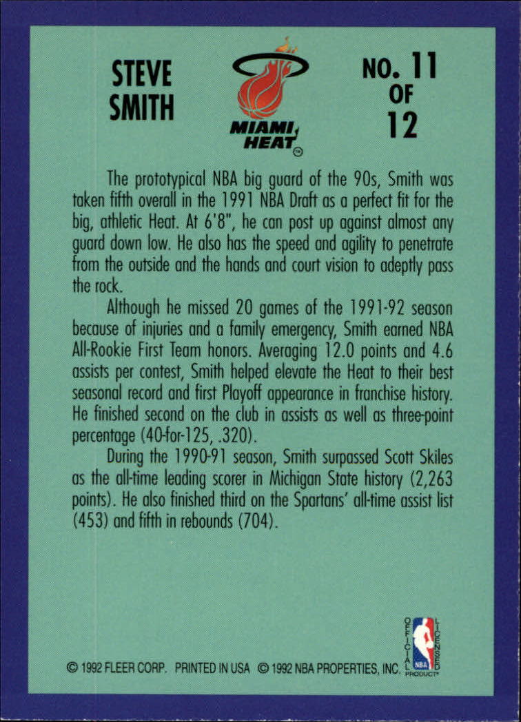 1992-93 Fleer Rookie Sensations #11 Steve Smith back image
