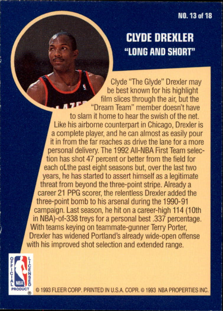 1992-93 Fleer Sharpshooters #13 Clyde Drexler back image