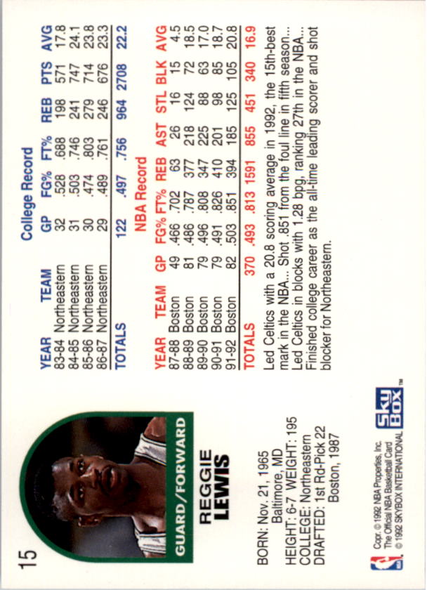 1992-93 Hoops #15 Reggie Lewis back image