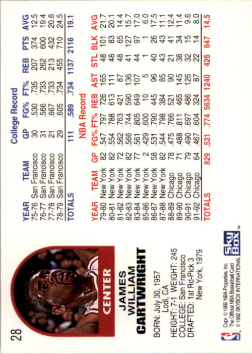 1992-93 Hoops #28 Bill Cartwright back image