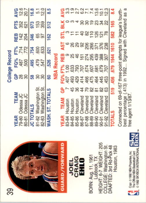 1992-93 Hoops #39 Craig Ehlo back image