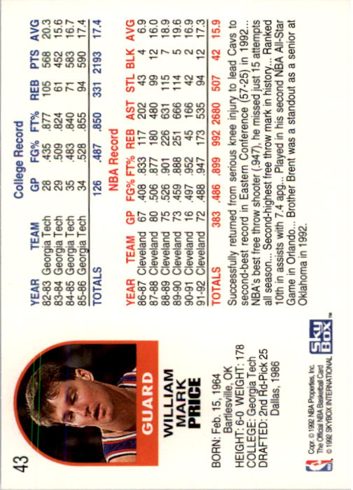 1992-93 Hoops #43 Mark Price back image