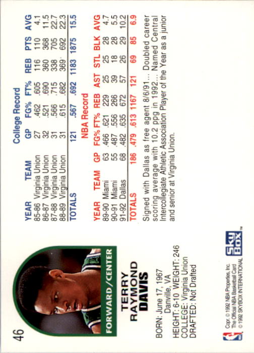 1992-93 Hoops #46 Terry Davis back image