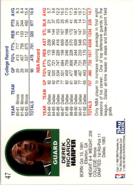 1992-93 Hoops #47 Derek Harper back image