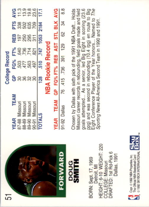 1992-93 Hoops #51 Doug Smith back image