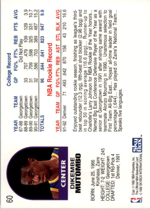 1992-93 Hoops #60 Dikembe Mutombo back image