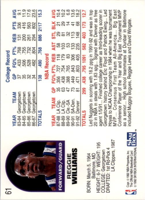 1992-93 Hoops #61 Reggie Williams back image