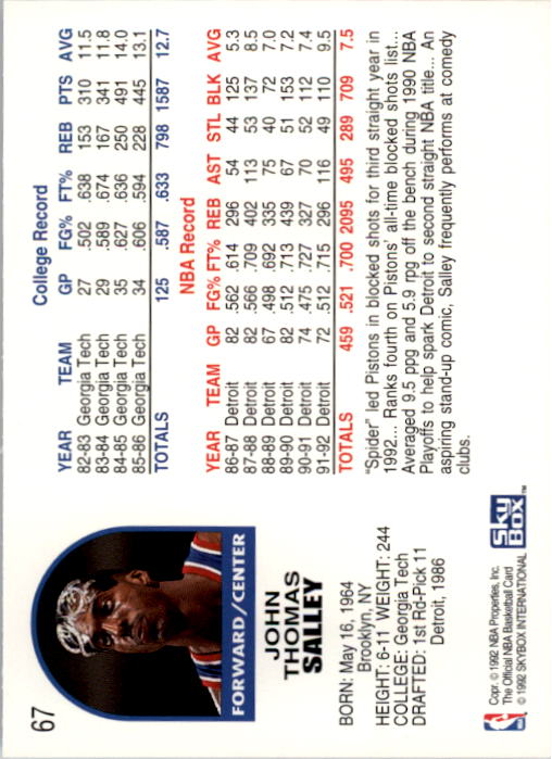 1992-93 Hoops #67 John Salley back image