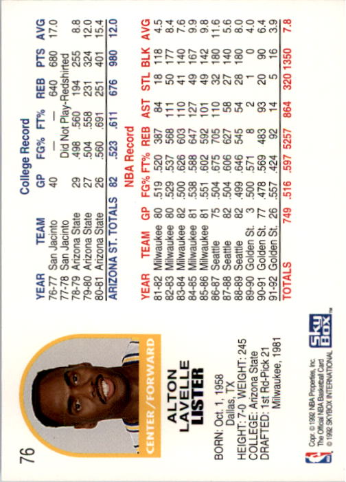 1992-93 Hoops #76 Alton Lister back image