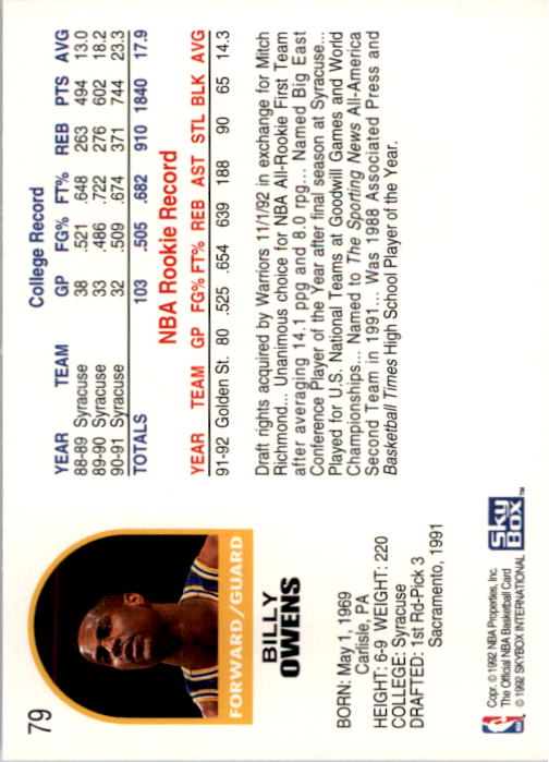 1992-93 Hoops #79 Billy Owens back image
