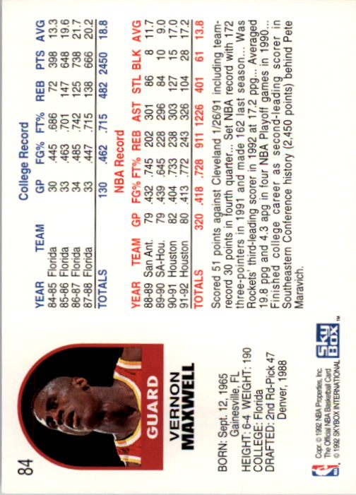 1992-93 Hoops #84 Vernon Maxwell back image