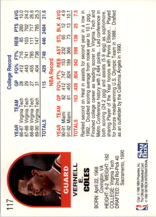 1992-93 Hoops #117 Bimbo Coles back image