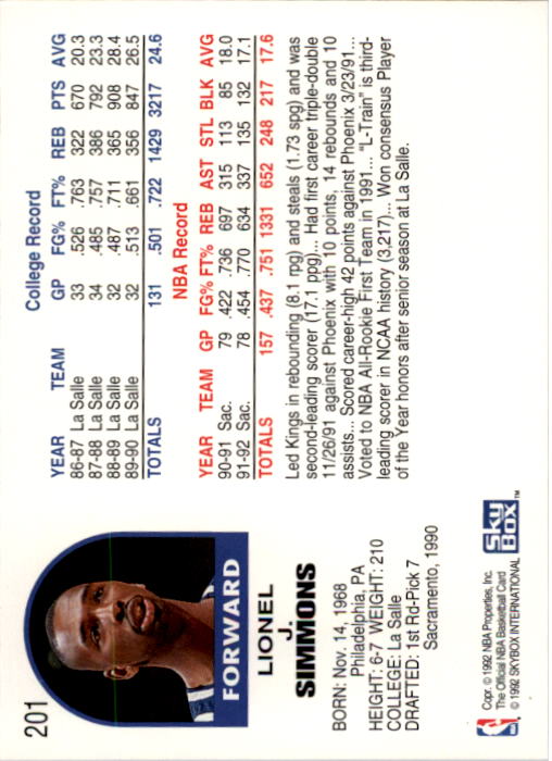 1992-93 Hoops #201 Lionel Simmons back image