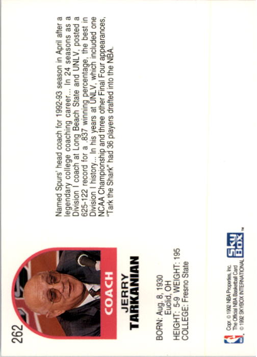 1992-93 Hoops #262 Jerry Tarkanian CO RC back image