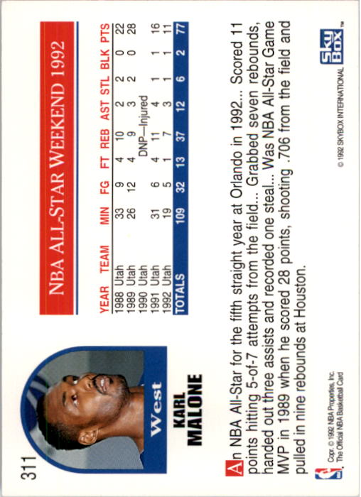 1992-93 Hoops #311 Karl Malone AS back image
