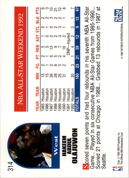 1992-93 Hoops #314 Hakeem Olajuwon AS back image