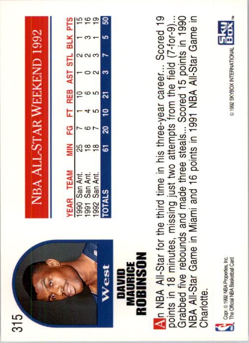 1992-93 Hoops #315 David Robinson AS back image