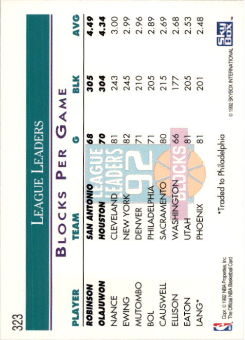 1992-93 Hoops #323 Blocks League Leaders/David Robinson/Hakeem Olajuwon back image