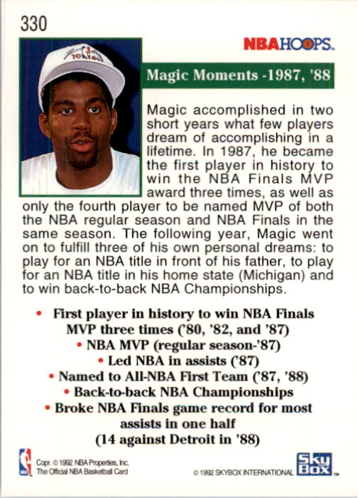 1992-93 Hoops #330 Magic Moments 87 and 88 back image