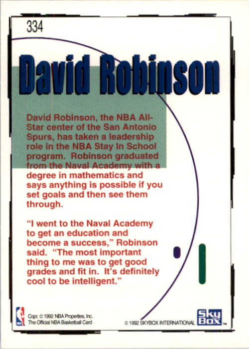 1992-93 Hoops #334 David Robinson STAY back image