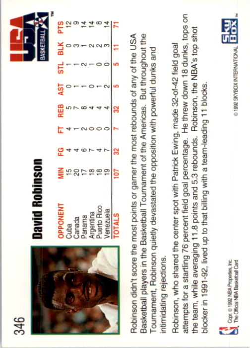 1992-93 Hoops #346 David Robinson USA back image