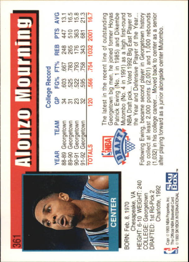 1992-93 Hoops #361 Alonzo Mourning RC back image