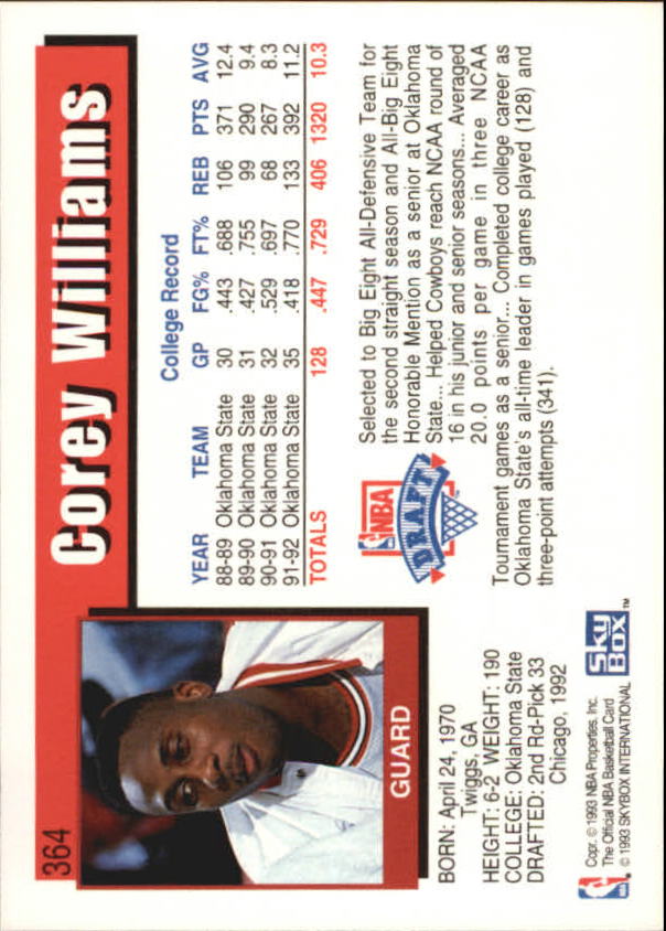 1992-93 Hoops #364 Corey Williams RC back image