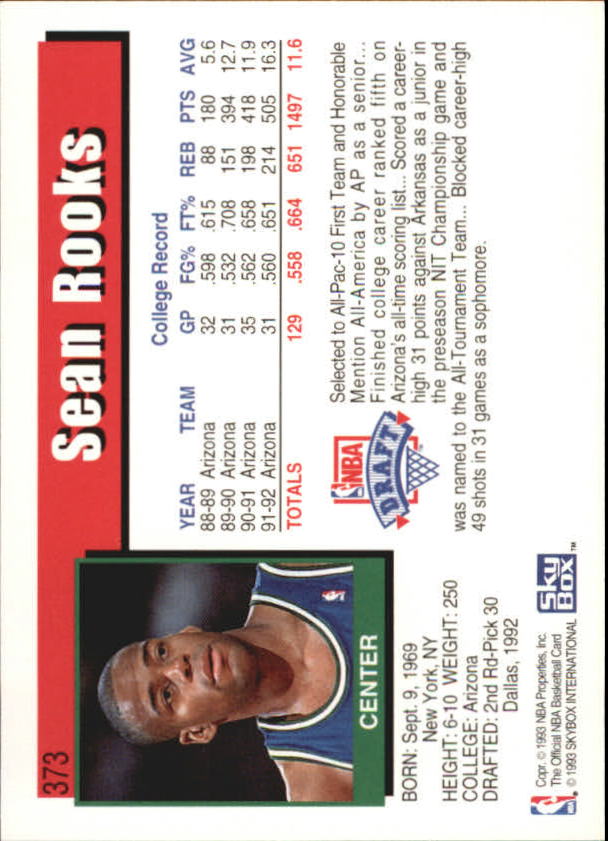 1992-93 Hoops #373 Sean Rooks RC back image