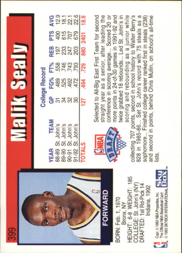 1992-93 Hoops #399 Malik Sealy RC back image