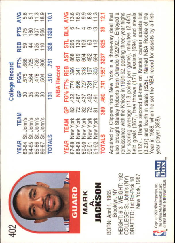 1992-93 Hoops #402 Mark Jackson back image