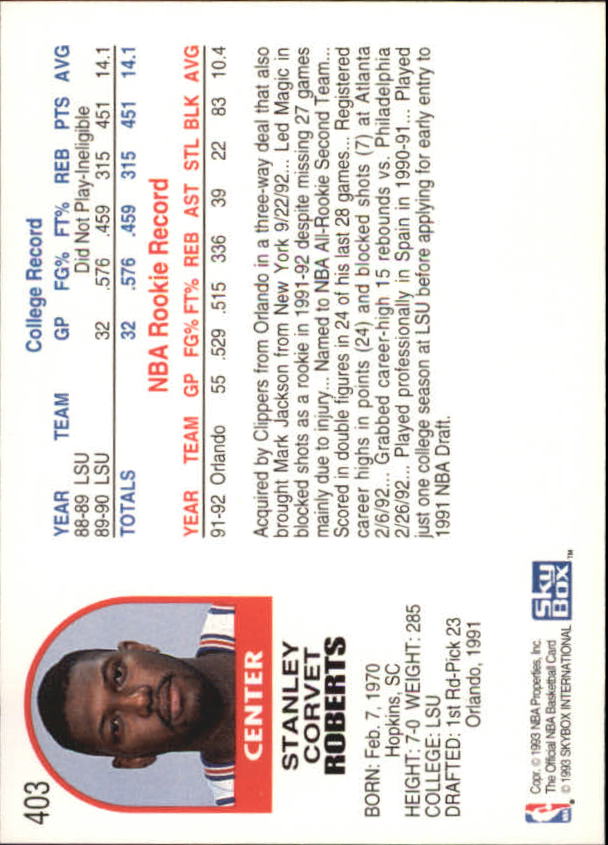 1992-93 Hoops #403 Stanley Roberts back image