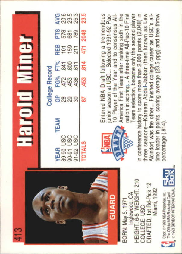 1992-93 Hoops #413 Harold Miner RC back image