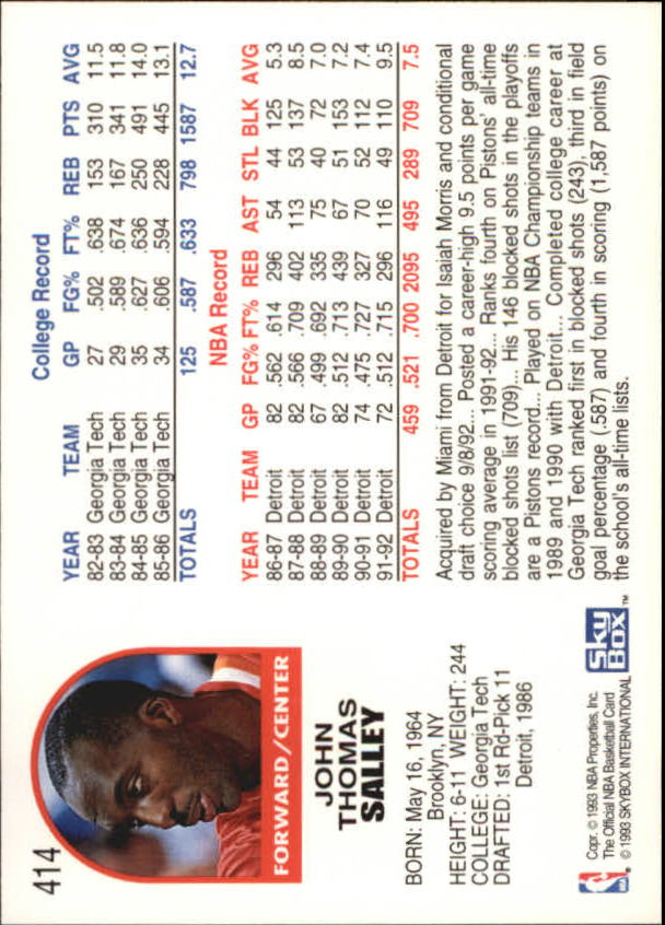 1992-93 Hoops #414 John Salley back image