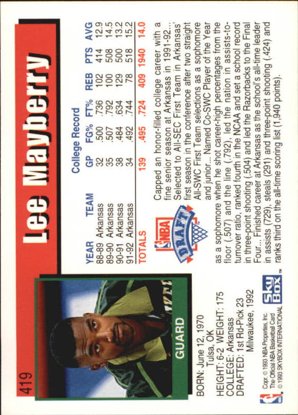 1992-93 Hoops #419 Lee Mayberry RC back image