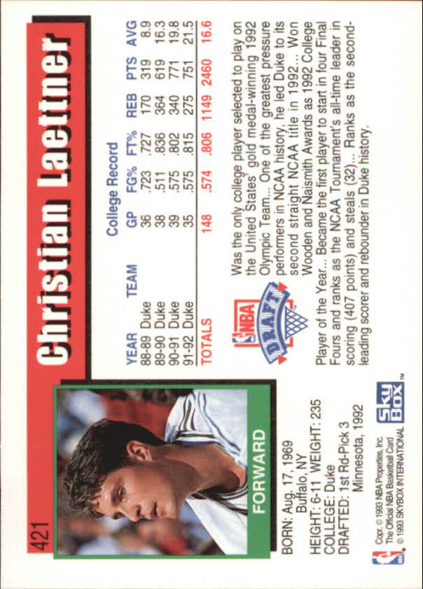 1992-93 Hoops #421 Christian Laettner back image