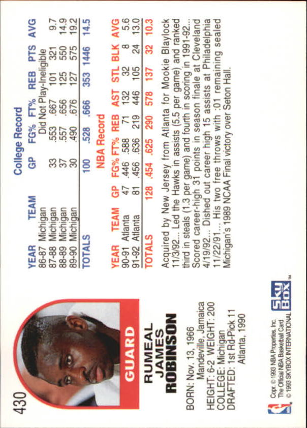 1992-93 Hoops #430 Rumeal Robinson back image
