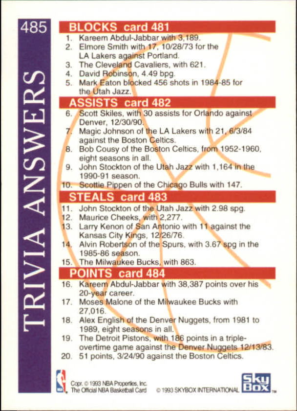 1992-93 Hoops #485 Answer Card TRIV/Magic Johnson/David Robinson/Patrick Ewing/John Stockton back image