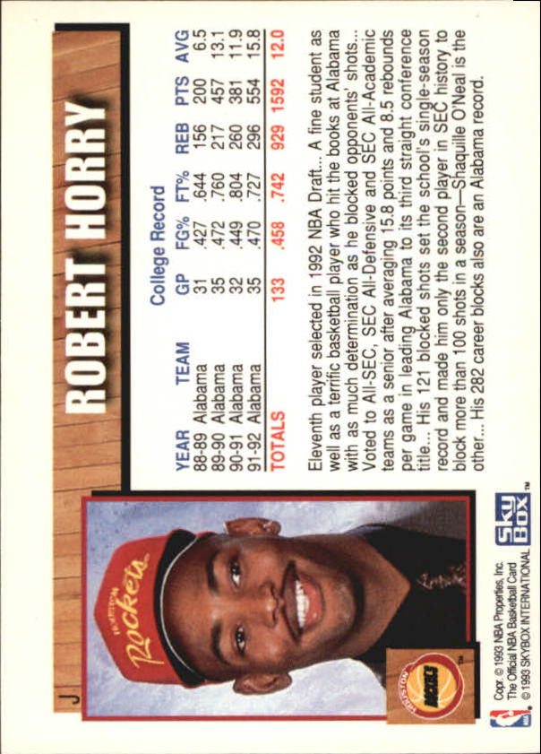1992-93 Hoops Draft Redemption #J Robert Horry back image