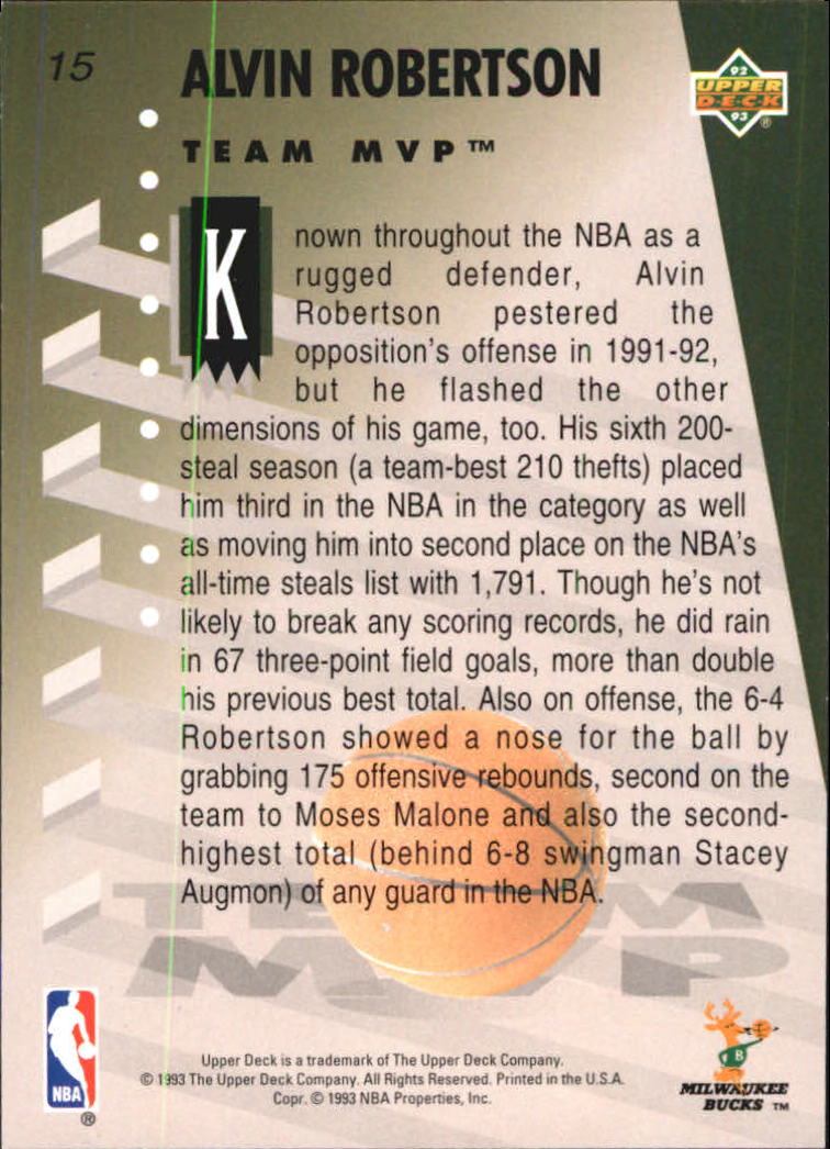 1992-93 Upper Deck MVP Holograms #15 Alvin Robertson back image
