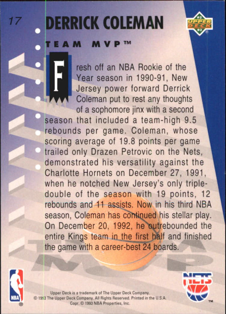 1992-93 Upper Deck MVP Holograms #17 Derrick Coleman back image