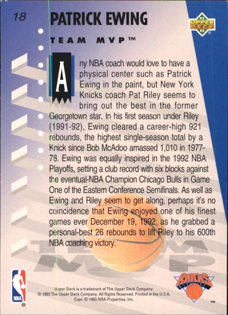 1992-93 Upper Deck MVP Holograms #18 Patrick Ewing back image