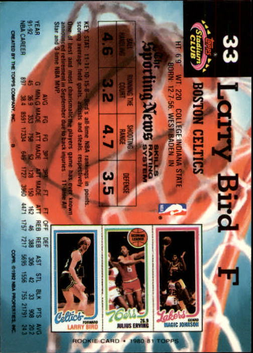 1992-93 Stadium Club Members Only Parallel #33 Larry Bird back image