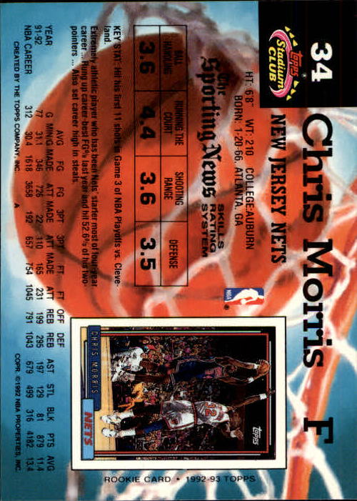 1992-93 Stadium Club Members Only Parallel #34 Chris Morris back image